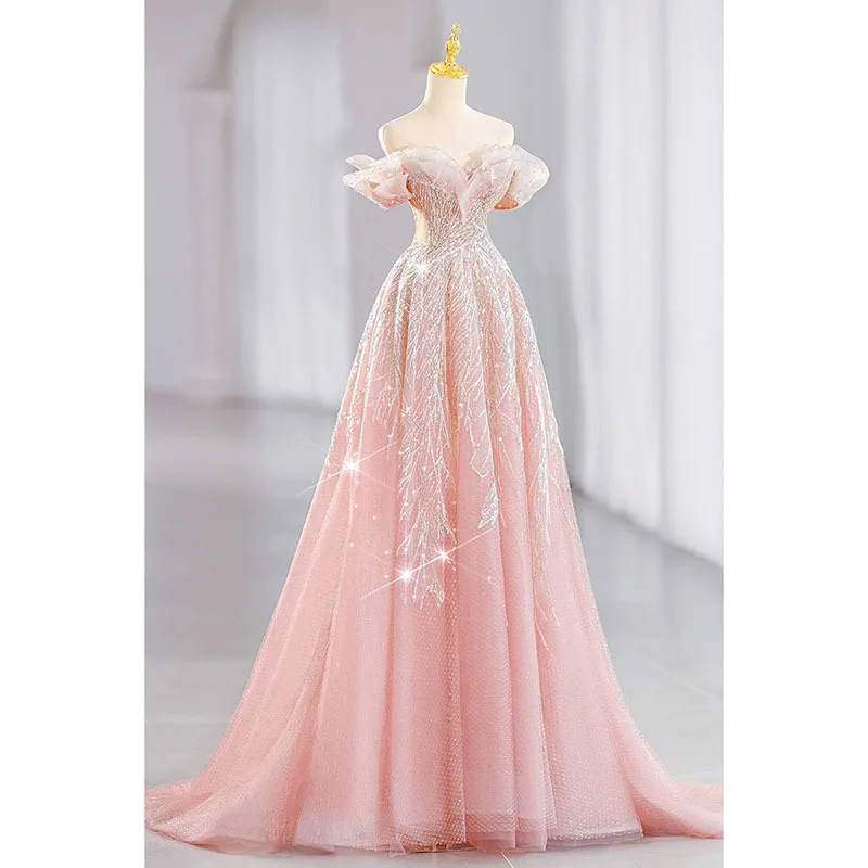 Gorgeous Pink Formal Evening Dress Glittering Off Shoulder Beading Sequin Ruffles Long Dress Celebrity Banquet Gowns 1