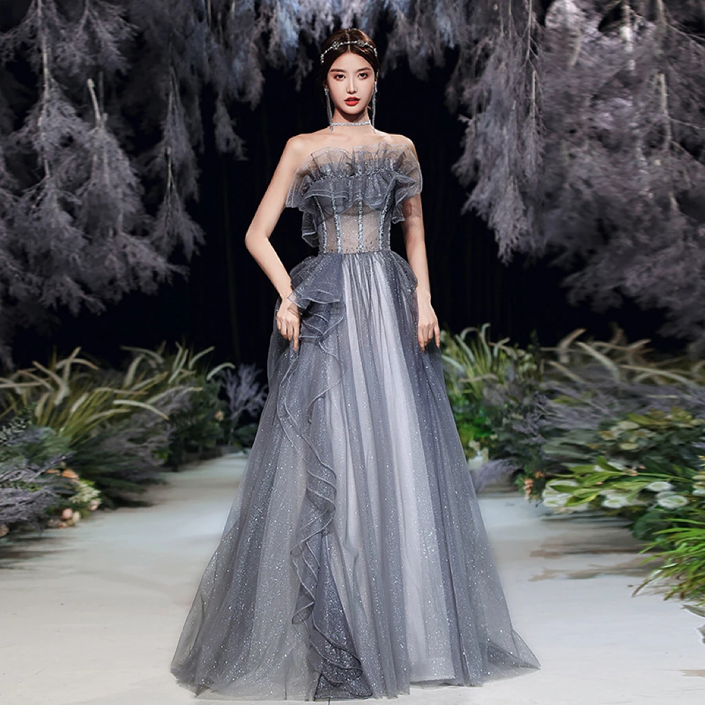 Quinceanera Celebrity Dress Strapless Lace Up Beading Lady Fairy Gray A Line Ruffle Tulle Formal Sequined Evening Gown 2024 1