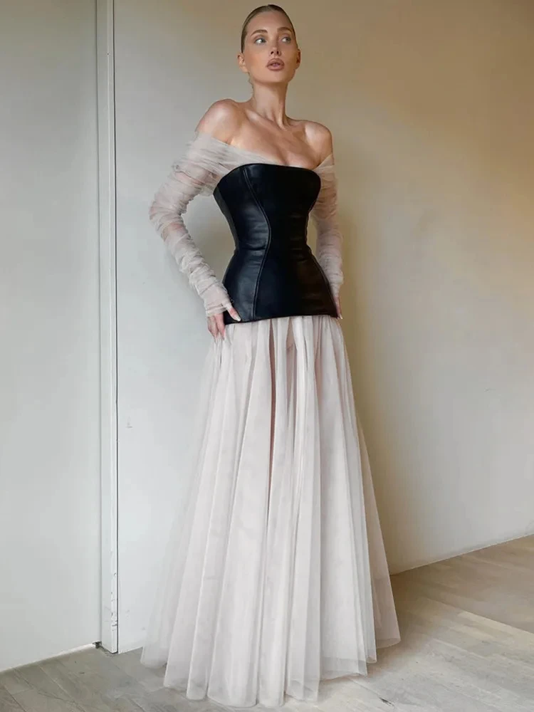 2024 New Arrival Fashion Women Sexy Off Shoulder Mesh Patchwork Pleated Long Dress Wedding Birthday Celebrity Prom Gown Vestido 1