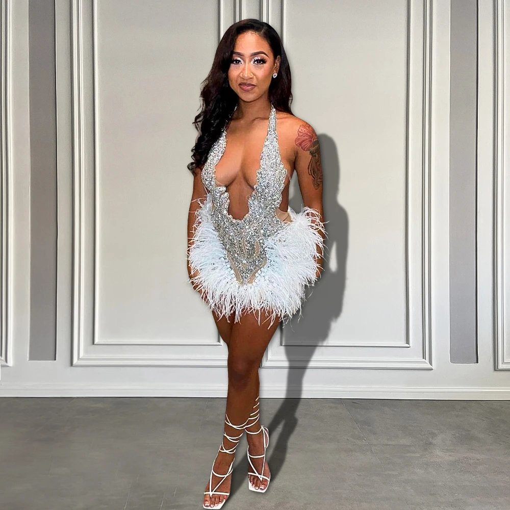 Black Girls White Feather Halter Mini Birthday Cocktail Party Gowns Women Sparkly Crystal See Through Short Prom Dress 2024 1