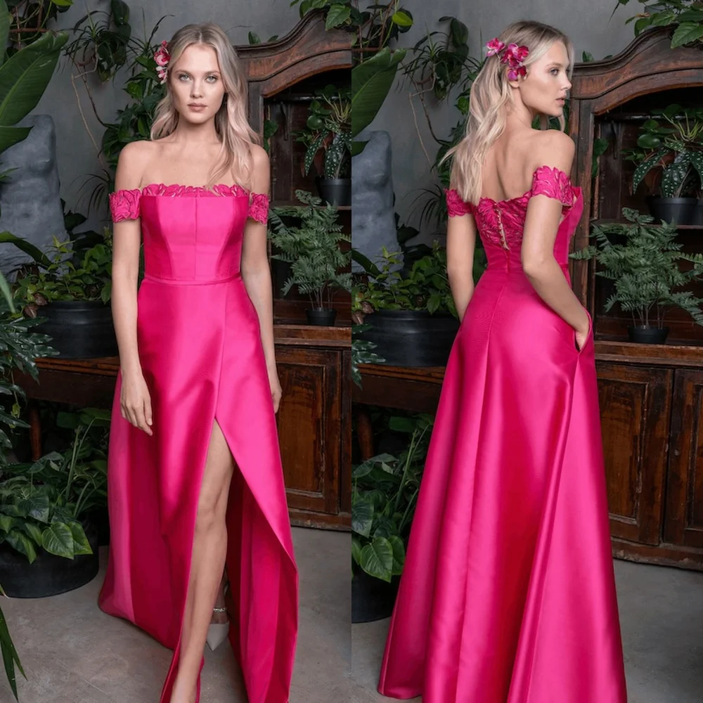 Formal Modern Style Satin Button Flower Pleat Draped A-line Off-the-shoulder Long Dresses Cocktail Dresses Sizes Available 1