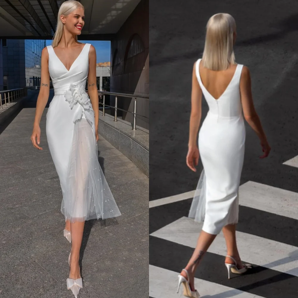 Modern Style Casual Satin Sequined Handmade Flower Pleat Draped Sheath V-neck Midi Dresses Cocktail Dresses High Quality Simple 1