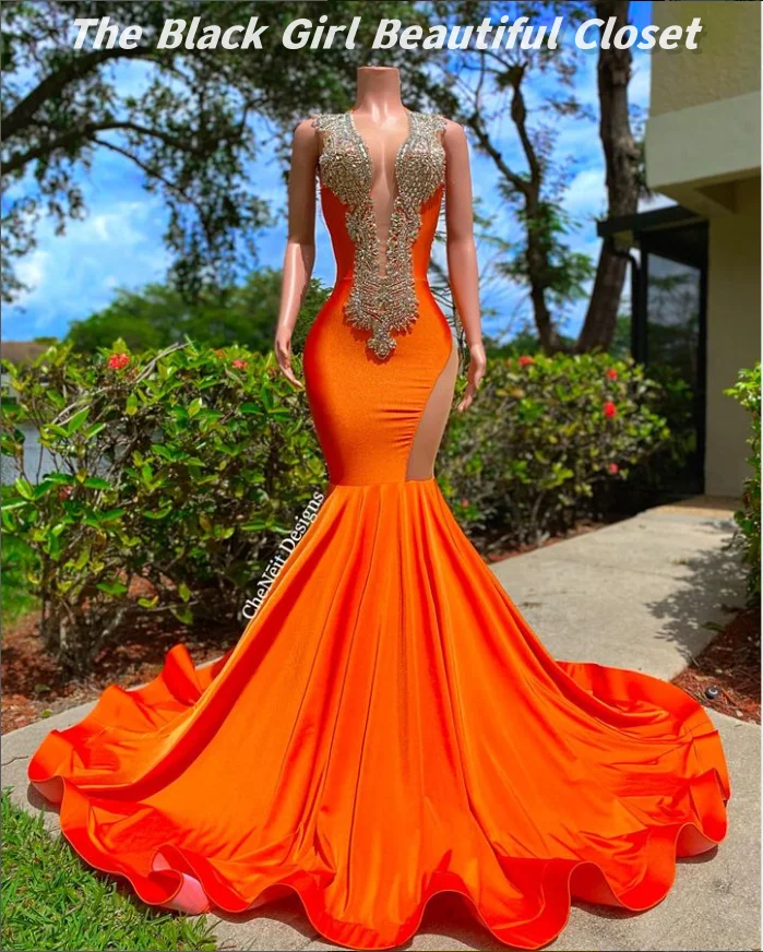 High Luxury Orange Cocktail Dresses 2024 Black Girls Glitter Diamonds Pearls Formal Dresses Sexy Backless Party Dresses 1