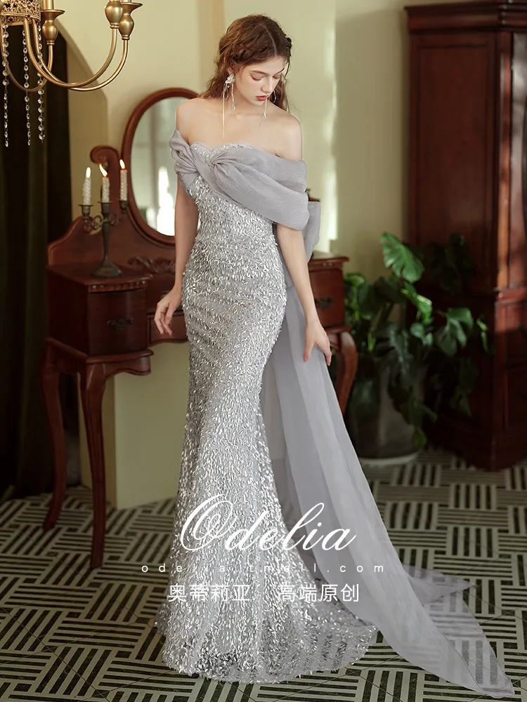 Grey Shiny Celebrity Dresses Mermaid Detachable Bow Train Off Shoulder Boat Neck Floor-Length Wedding Party Evening Prom Gowns 1