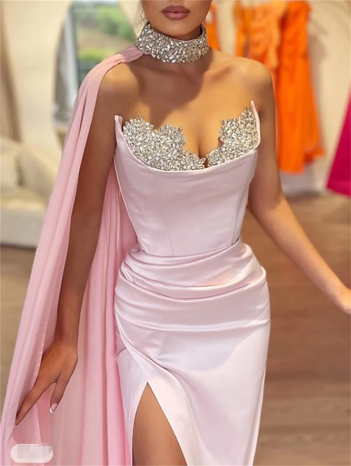 2024 Fashion Celebrity Style Prom Formal Halterneck Diamonds Evening Dress Sleeveless Floor Length Satin with Embroidery Custom 1