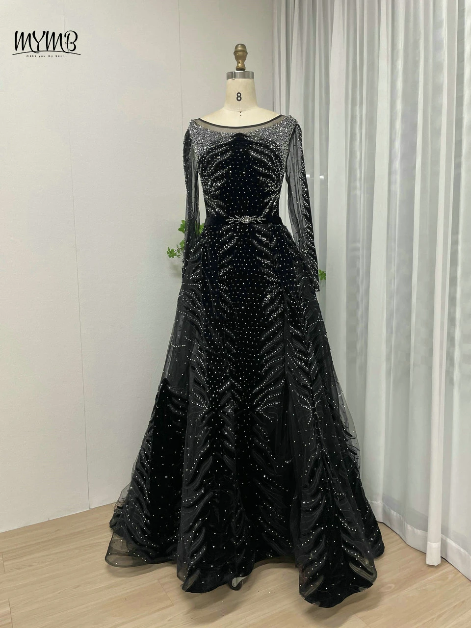 MYMB Black Scoop Neck A-Line Women Formal Party Elegant Gown Long Sleeves Beaded Illusion Back Evening Dress vestidos de novia 1