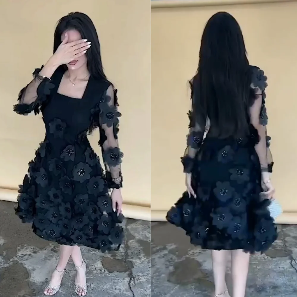 Matching Jersey Flower Sequined Beading Ruched A-line Square Neck Midi Dresses Celebrity Dresses Classic Exquisite Modern Style 1