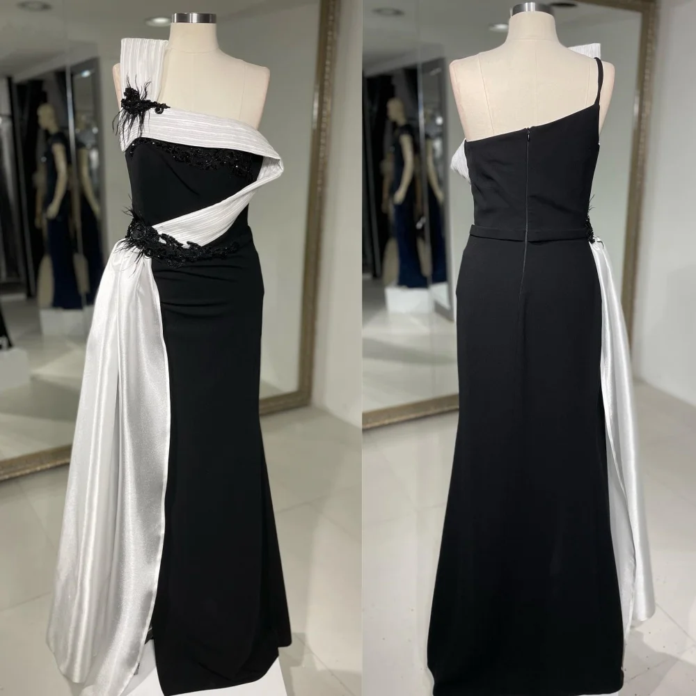 Exquisite Formal Jersey Applique Sequined Feather Pleat Ruched Draped Straight One-shoulder Long Dresses Cocktail Dresses Retro 1