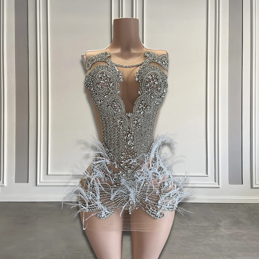 Silver Diamond See Through Luxury Short Prom Dress for Black Girls Sexy White Feather Women Birthday Formal Party Gowns 2024 1