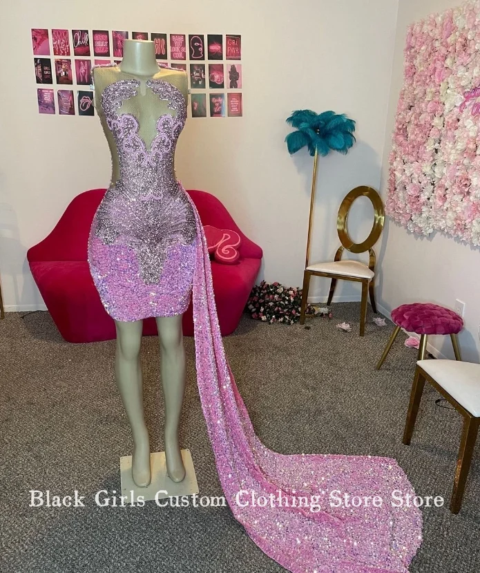 Sparkling Pink Diamante Short Cocktail Dress Sexy Luxury Beaded Crystal Rhinestone Black Girls Birthday Party فساتين سهره فاخره 1