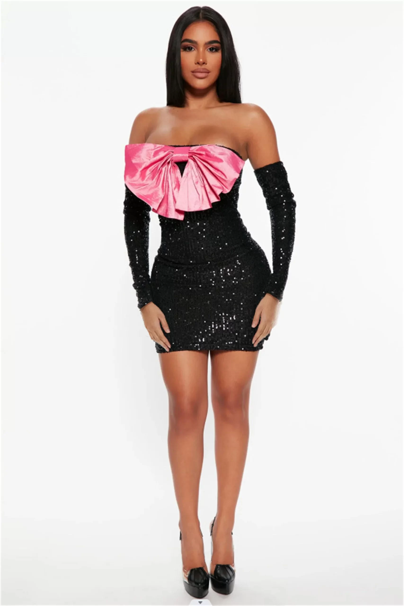 Women's sparkling pink bow cocktail dress with sequined strapless elastic tight fitting party mini dress 1