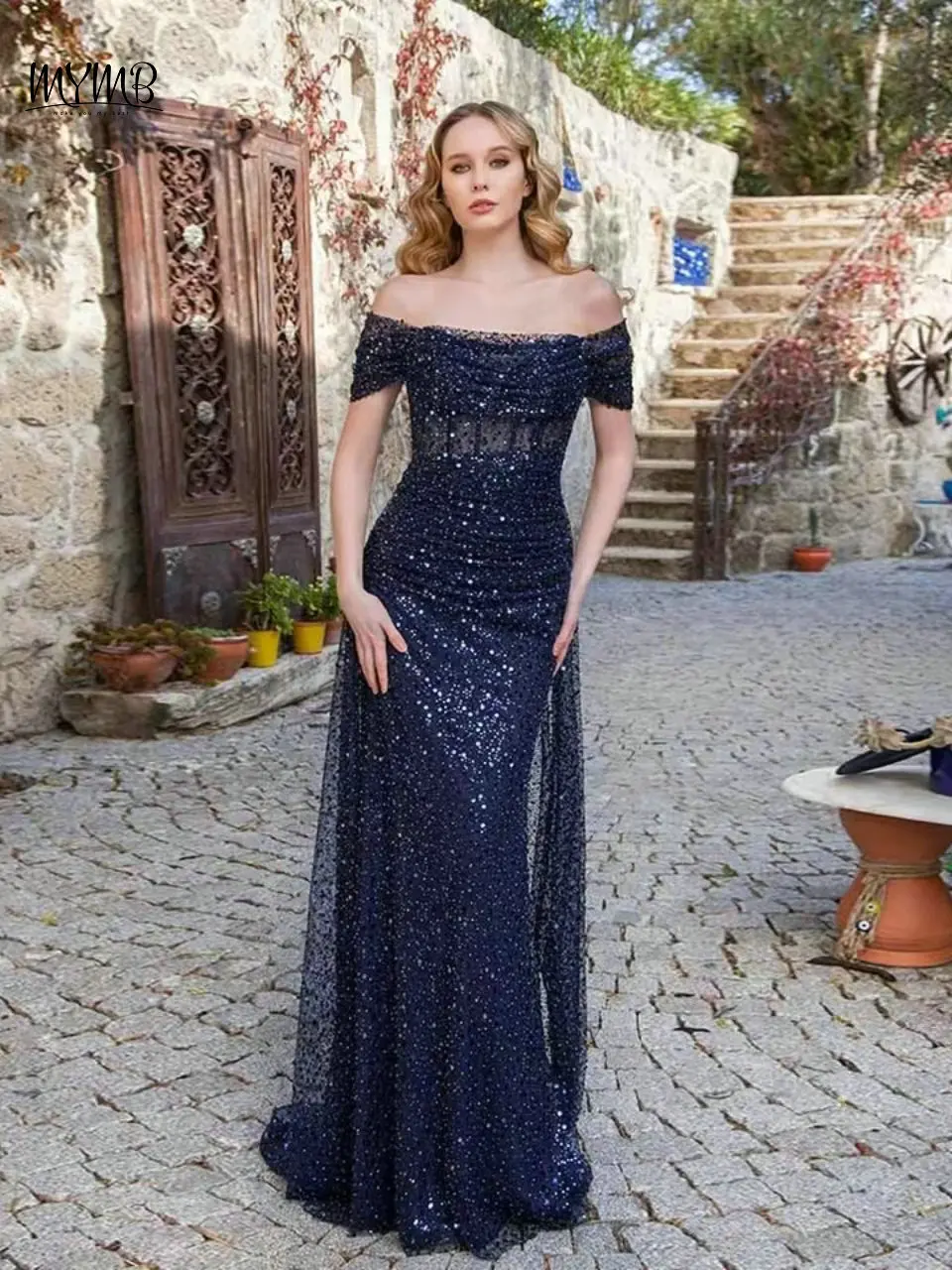 MYMB Stunning Off Shoulder Pleated Mermaid Blue Evening Gowns for Women Party Gorgerous Shiny Sequin Prom Dresses with Boning 1