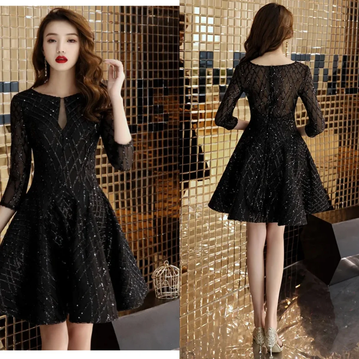 Black Cocktail Dresses Sequins O-neck 3/4 Sleeves Zipper Back A-line Knee-length Plus size Simple Women party Formal Gown E009 1