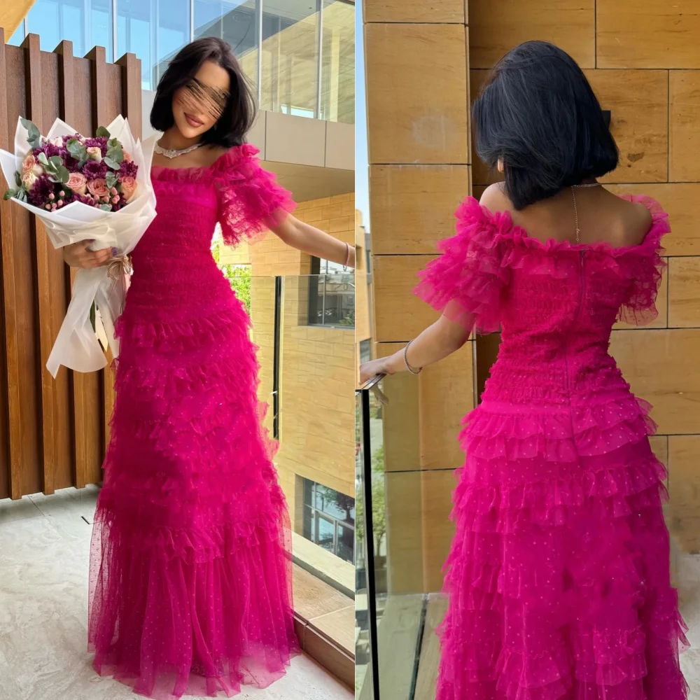 Retro Tulle Tiered Ruched A-line Off-the-shoulder Midi Dresses Celebrity Dresses Fashion Elegant Exquisite High Quality Sexy 1