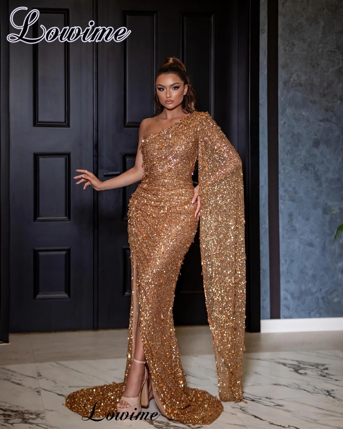 Sparkly Dark Gold Cocktail Dresses Mermaid One Shoulder Sexy Prom Party Dresses With Crystals Vestidos De Gala Evening Gowns 1