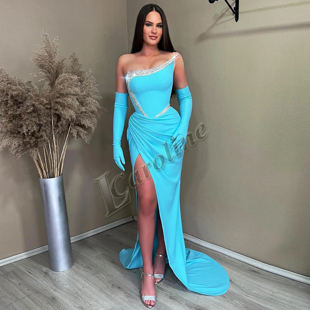 Caroline Sexy Rhinestone Prom Evening Dress Strapless Backless Formal Prom Gowns Side Slit Pleat Robes De Soirée Made To Order 1