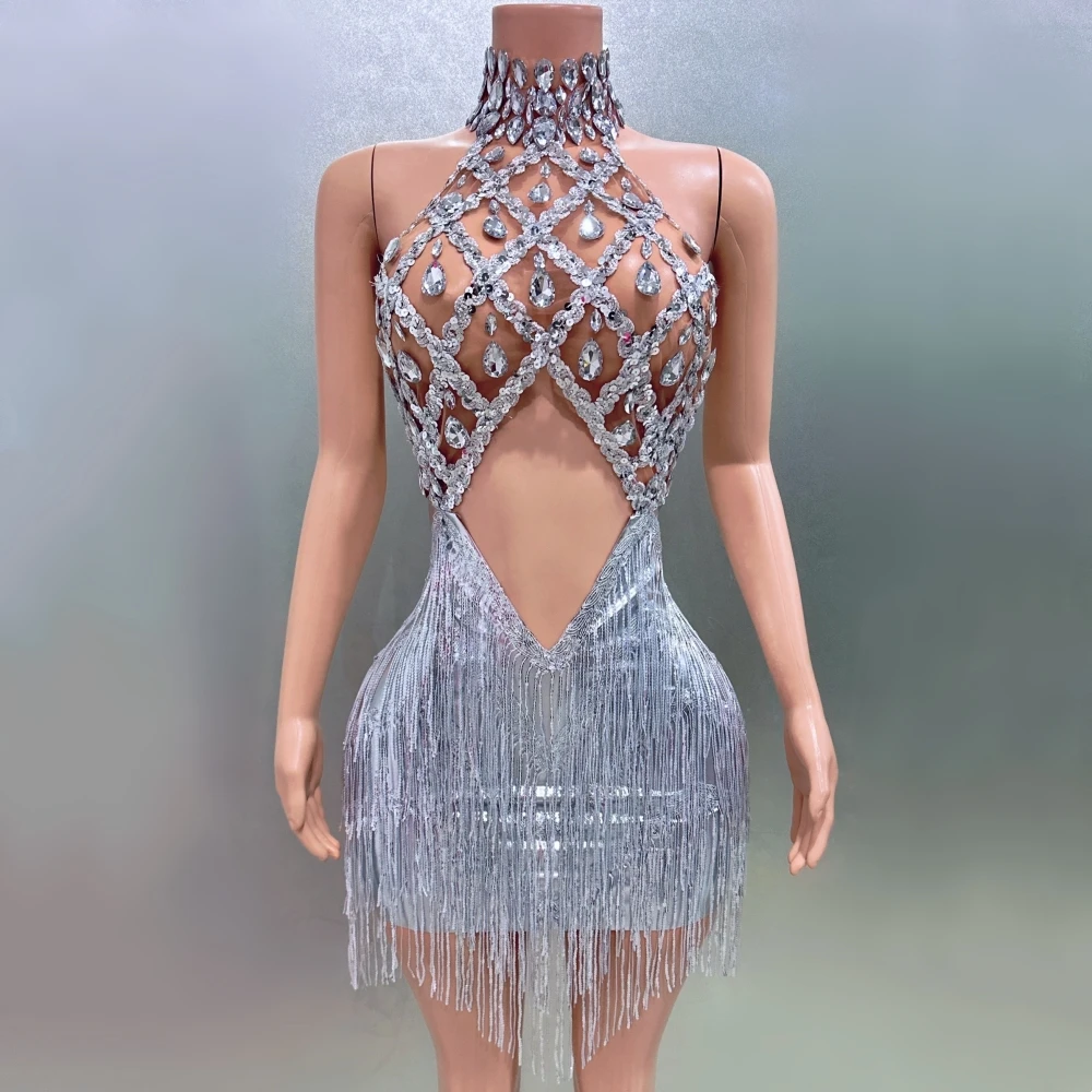 Sliver Color Rhinestones Tassels Women Sexy Halter Backless Mini Dress See Through Sexy Nightclub Party Celebrate Birthday Dress 1