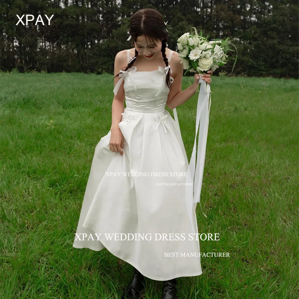 XPAY Simple Strapless Korea Wedding Dresses Ribbons Bow Women Photo Shoot Floor Backless Custom Made Spaghetti Straps Bride Gown 1