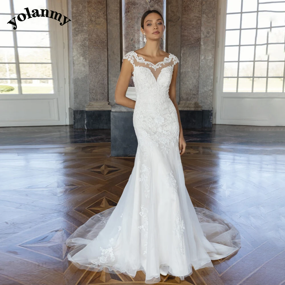 YOLANMY Elegant Mermaid Wedding Dresses for Women Cap Sleeves Lace Appliques Brush Train Button Vestido De Casamento Customised 1