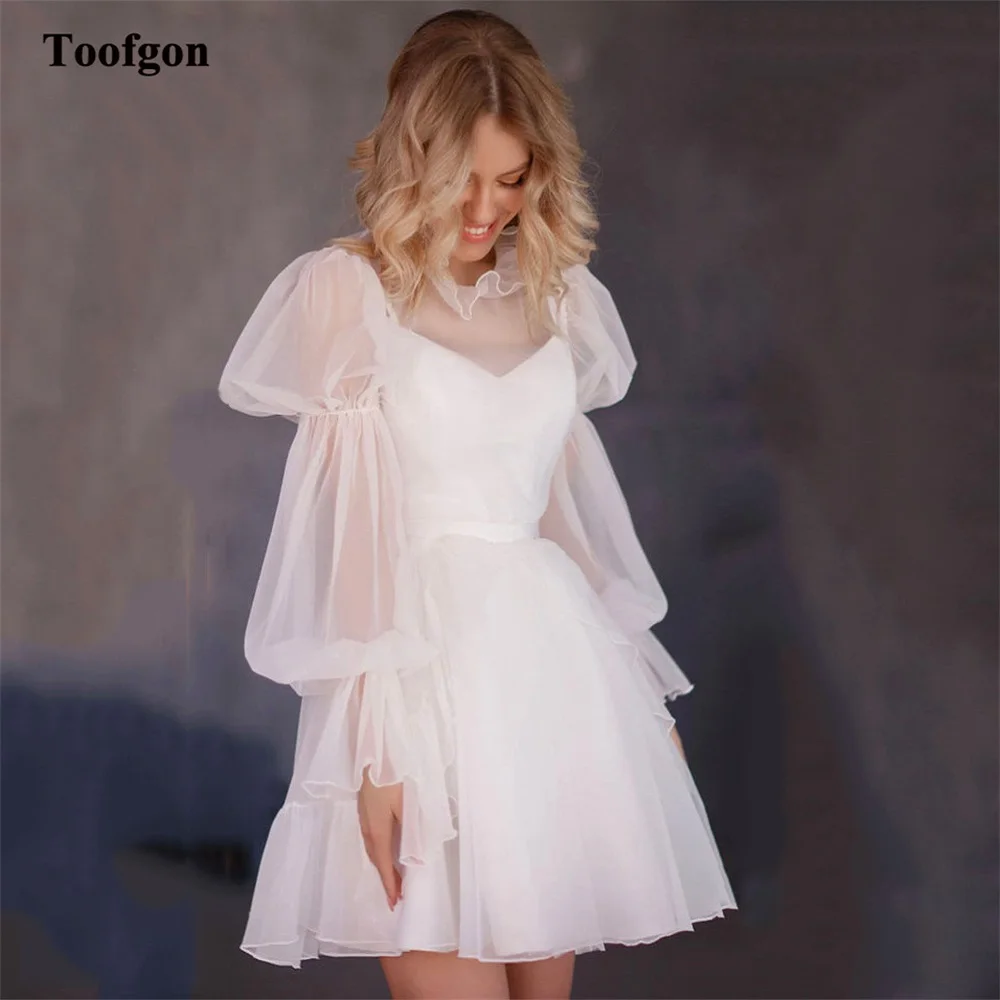 Toofgon Simple A Line Short Bride Wedding Dresses Puff Long Sleeves Mini Bridal Gowns Women Formal Prom Party Event Dress 1