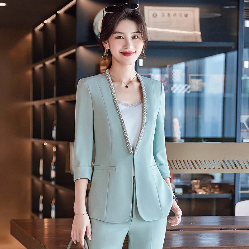 Summer Women Suit Set 2 Piece Blazer Pants Cotton 3/4 Full Sleeves Casual Formal Office Work Jacket Spring Prom Coat 1