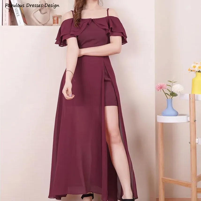 Burgundy Chiffon Long A-line Bridesmaid Dresses Tiered Boat Neck Sexy Slit Wedding Guests Dress Party For Women Evening Gown 1