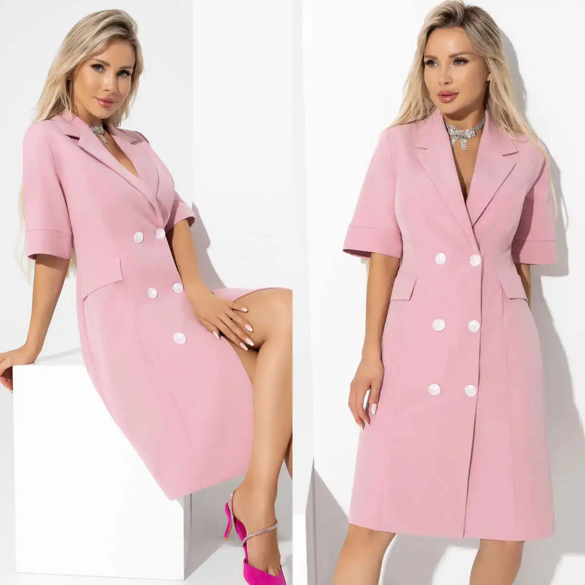 Fashion Pink Women Blazer Dress Double Breasted V Neck Long Jacket For Graduation Party Wedding 1