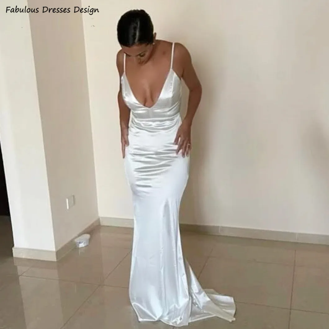 Sexy V-neck Backless Bridesmaid Dresses White Long Mermaid Spaghetti Straps Wedding Guest Dress For Women Prom Party Gown 1