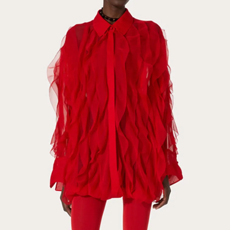 Red Summer Women Shirt 1 Piece Collar Ruffled Edges Outfit Full Sleeves Formal Office Lady Jacket Coat Party Wear 1