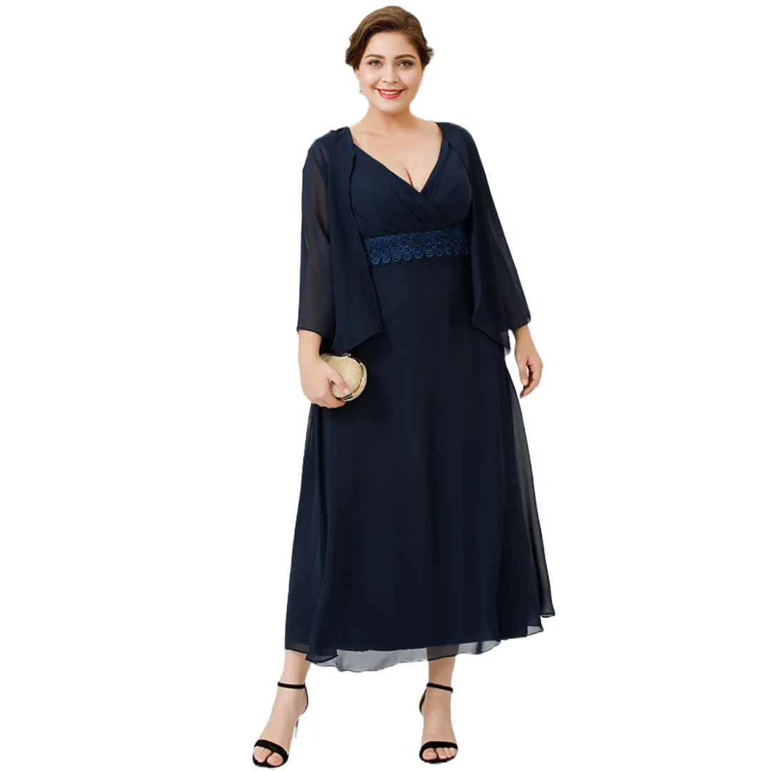 Elegant Plus Size Mother of the Bride Dress in Navy Chiffon Ankle Length with Sheer Capelet Lace Waist Wedding Attire for Women 1