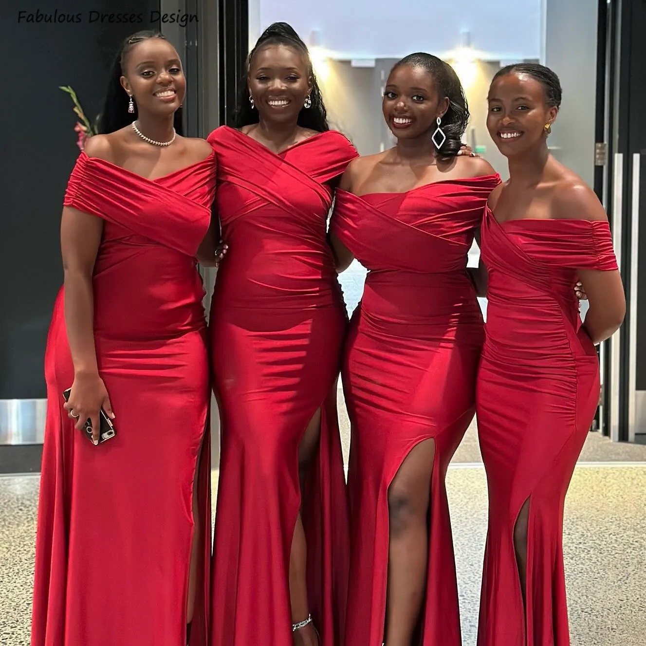 Elegant Red Long Mermaid Bridesmaid Dresses Split Off Shoulder Trumpet Wedding Guest Dress Party For Women Maid Of Honor 1