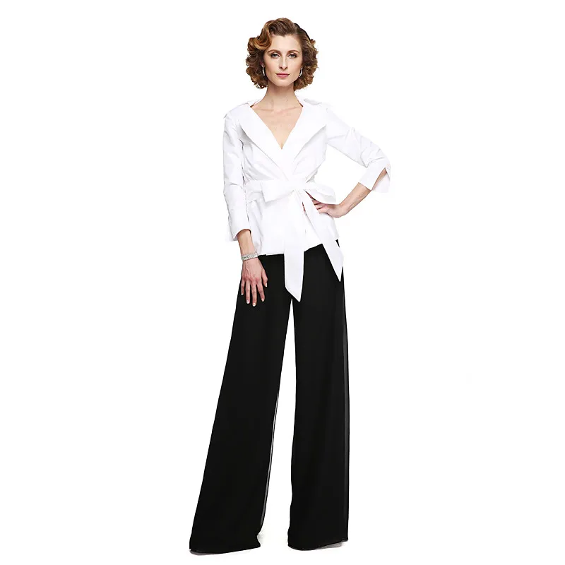 Chic Mother of the Bride Pantsuit with White Wrap Top and Black Wide Leg Pants Modern Elegant Wedding Party Attire for Women 1