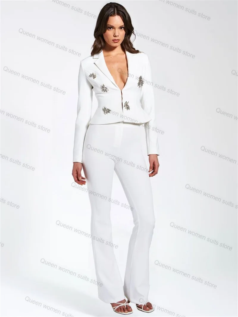 Elegant White Women Suits Pants Set 2 Pieces Short Blazer+Trousers Wedding Tuxedo Formal Tailor Size Luxury Crystal Jacket Coat 1