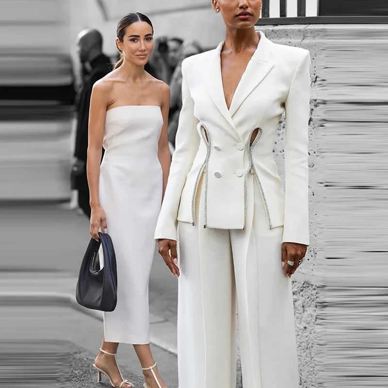 White Summer Women Suit Pants Set 2 Piece Blazer+Loose Trousers Sexy Split Crystals Jacket Formal Office Lady Coat Party Gown 1