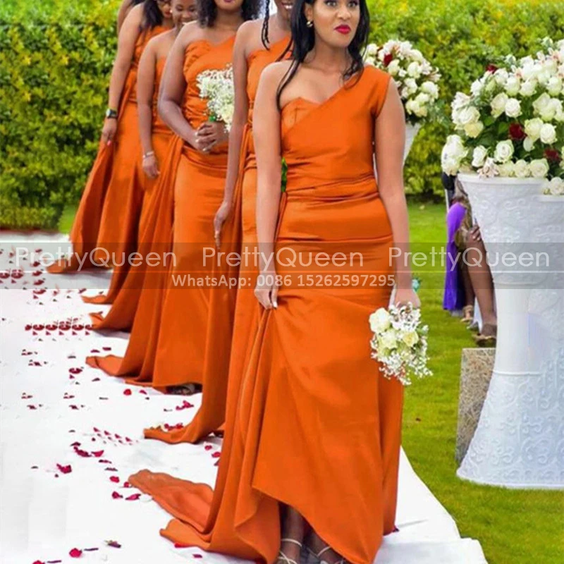 Orange Long Mermaid Bridesmaid Dresses With Waistline Cap One Shoulder Women Sleeveless Sheath Weddin Party Dress Maid Of Honor 1