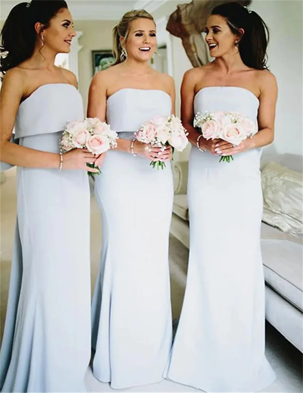 Minimalist Bridesmaid Dresses Wedding Party Dresses for Women Strapless Sleeveless Elegant Bow Sweep Train Jersey with Ruffles 1