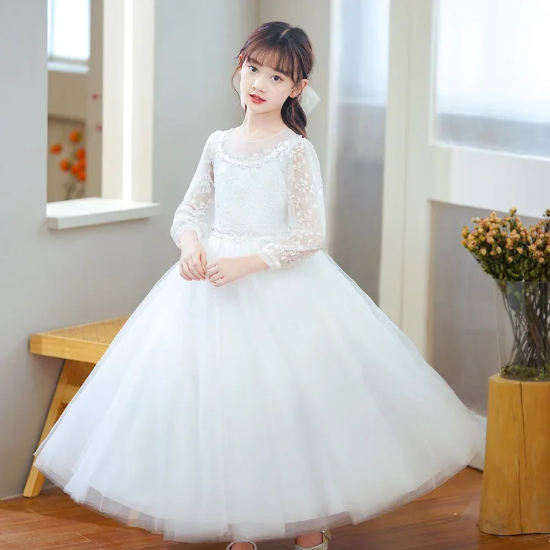 Youth Girl's Teenagers Elegant Concert Performance Dress Women Ceremonial Long White Autumn Children 10 To 12 Years Old Clothes 1