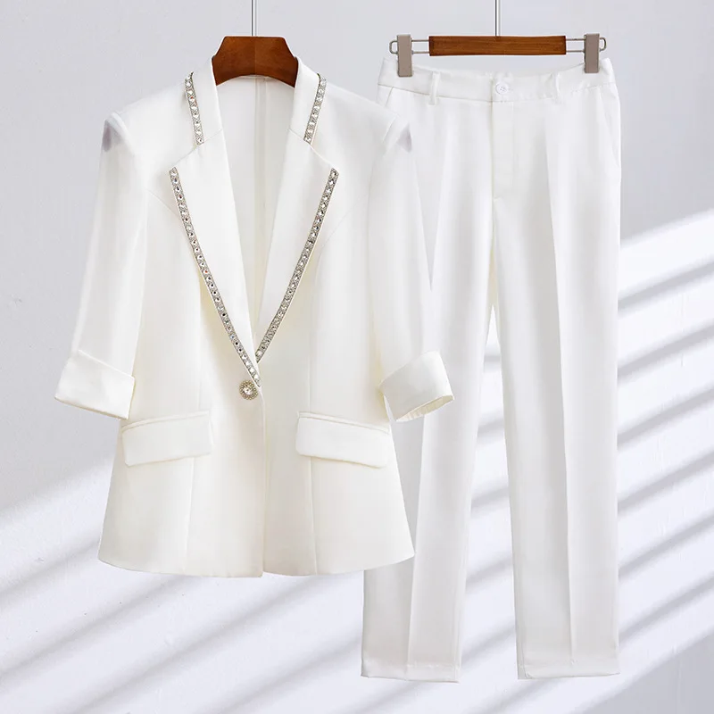 Summer Women Suit Set 2 Piece Blazer Pants V-Neck 3/4 Full Sleeves Jacket Casual Formal Office Work Jacket Spring Prom Coat 1