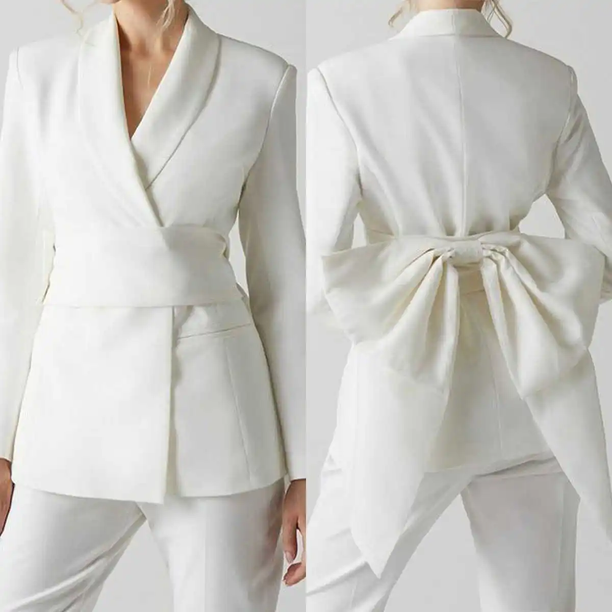 White Wedding Women Pants Suits Slim Fit Big Bow Long Jacket Guest Wear Prom Party Formal 2 Pieces 1