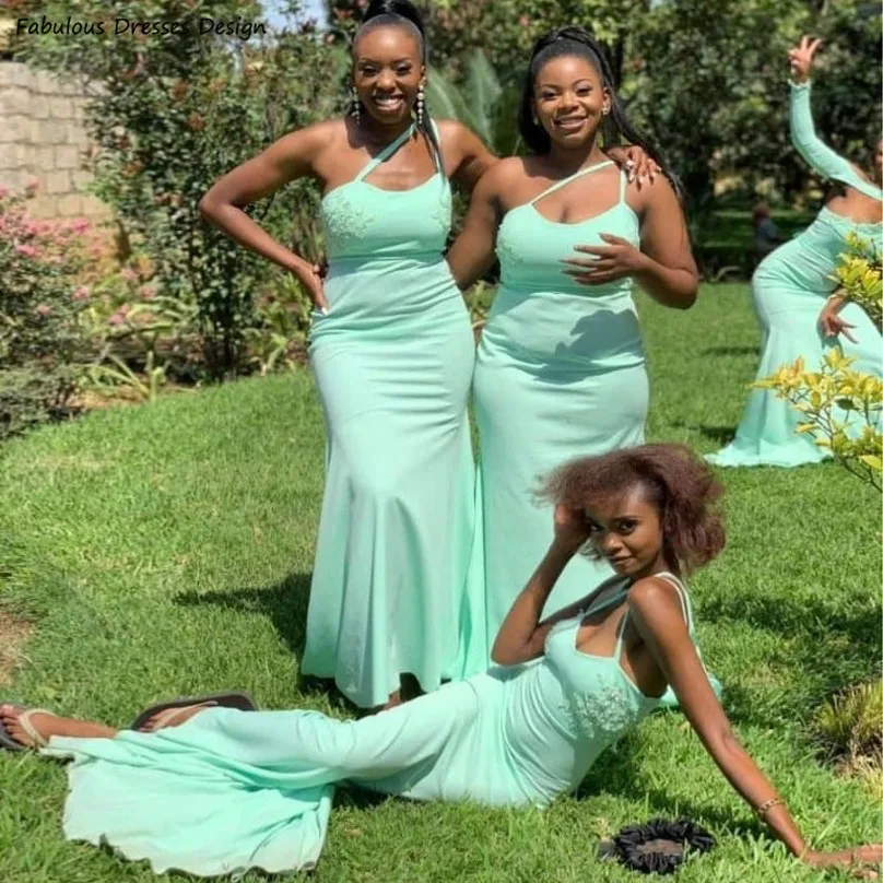 Mint Green One Shoulder Bridesmaid Dresses Applique Lace Long Mermaid Backless Wedding Party Dress For Women Maid Of Honor 1