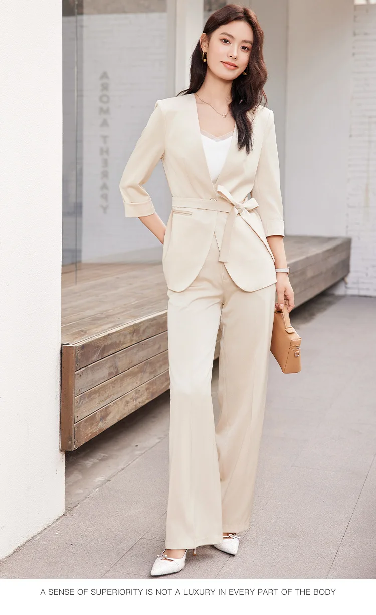 Light Pink Women Suit Pants Set 2 Piece Blazer+Trousers Cotton 3/4 Full Sleeves Jacket Formal Office Work Prom Dress Coat 1