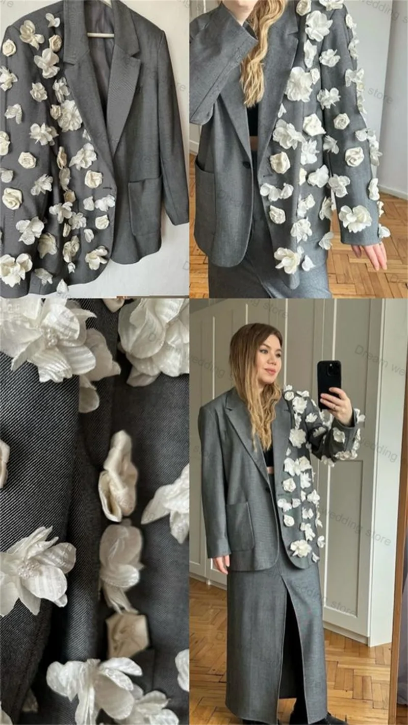 Grey 2 Pieces Women Suits Skirt Set Blazer+Long Prom Dress Wedding Tuxedo 3D Flower Appliqued Tailored Size Party Jacket Outfit 1