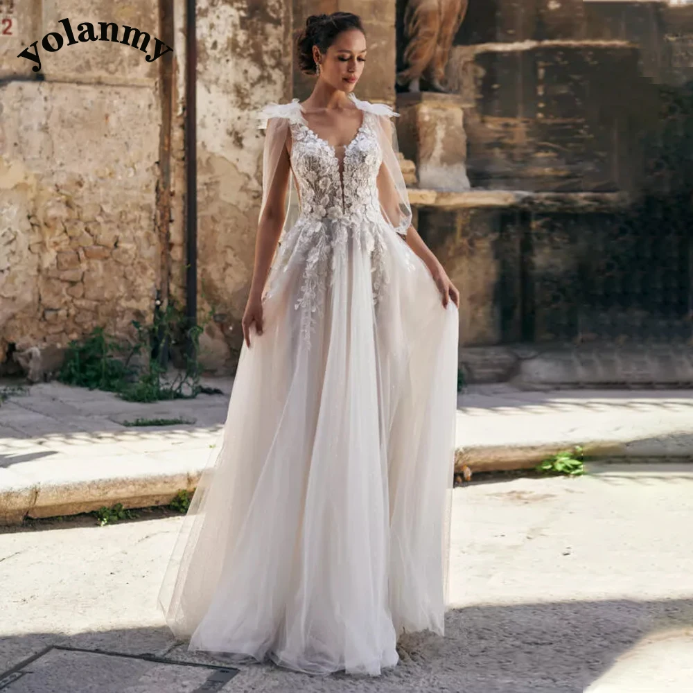 YOLANMY Glamorous Tulle Wedding Dresses for Women V-neckline High Slit Lace Appliques Sleeveless Ribbon Vestidos De Novia 1