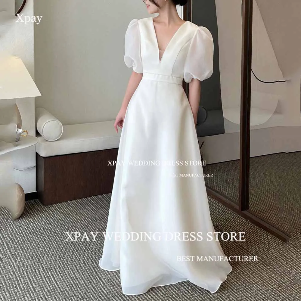 XPAY Vintage Deep V Neck Korea A Line Wedding Dresses Organza Short Sleeve Bridal Dress Backless Custom Photos Shoot Bride Gown 1