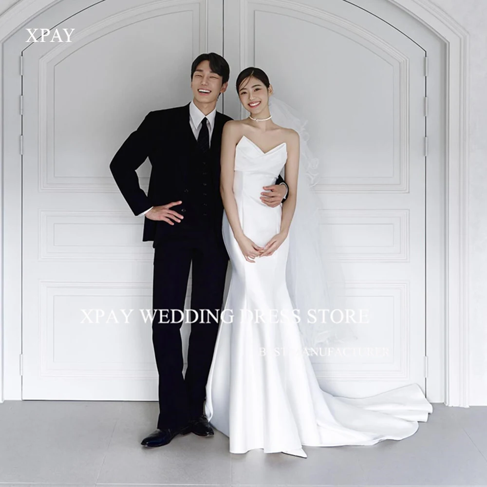 XPAY Simple Stretch Satin Mermaid Wedding Dresses Korea V Neck Sleeveless Sweep Train Bridal Gowns Corset Back  Women Custom Mad 1