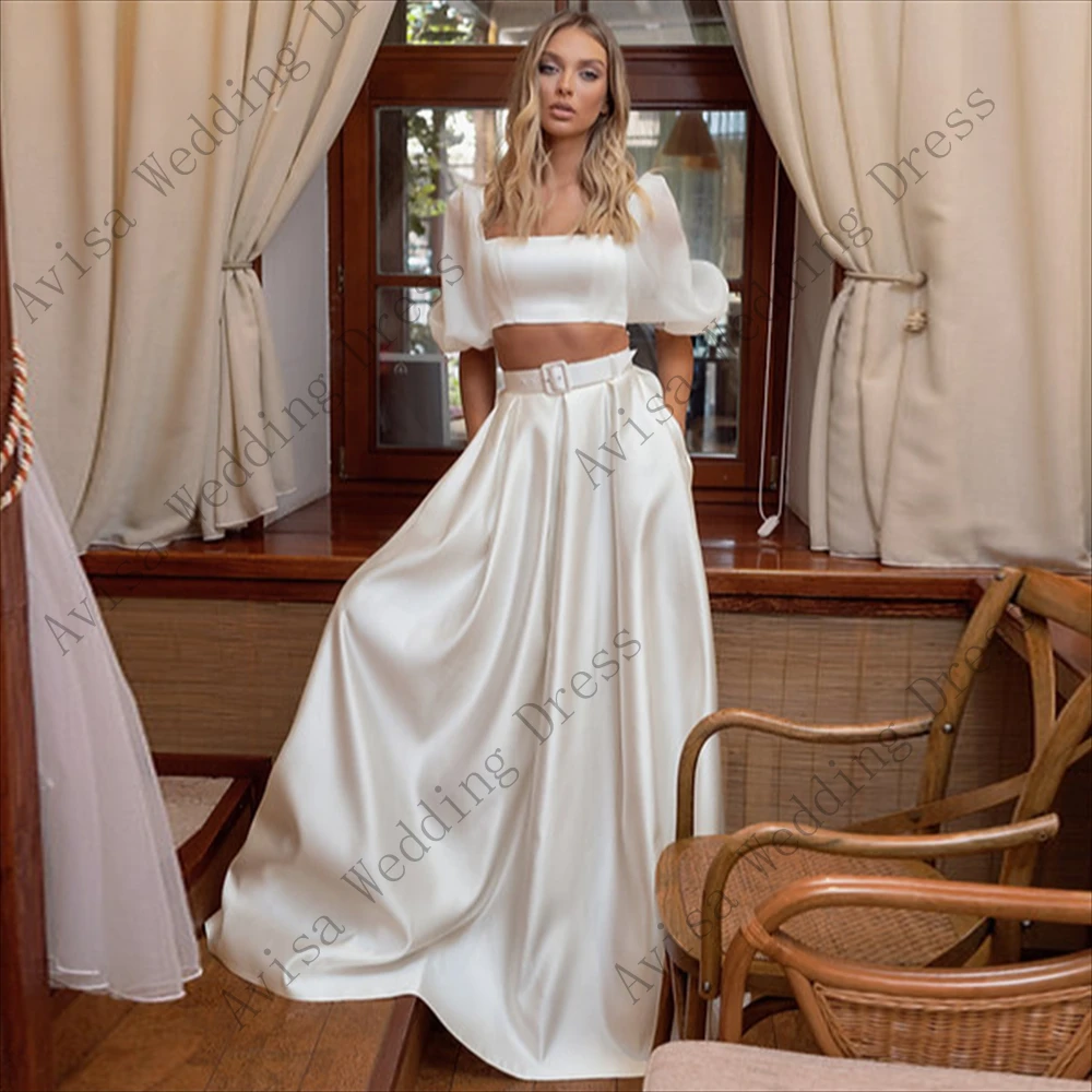 Two Pieces Boat Neck Puff Sleeves Satin Ruched A-Line Wedding Dress Modern Zipper Sweep Train Bridal Gowns vestido de noiva 1