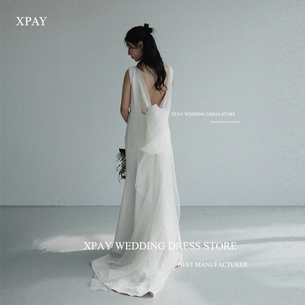 XPAY Simple Stretch Satin Korea Wedding Dresses For Photo shoot Backless Sexy Bridal Gowns With Tulle Veil Elegant Custom 1