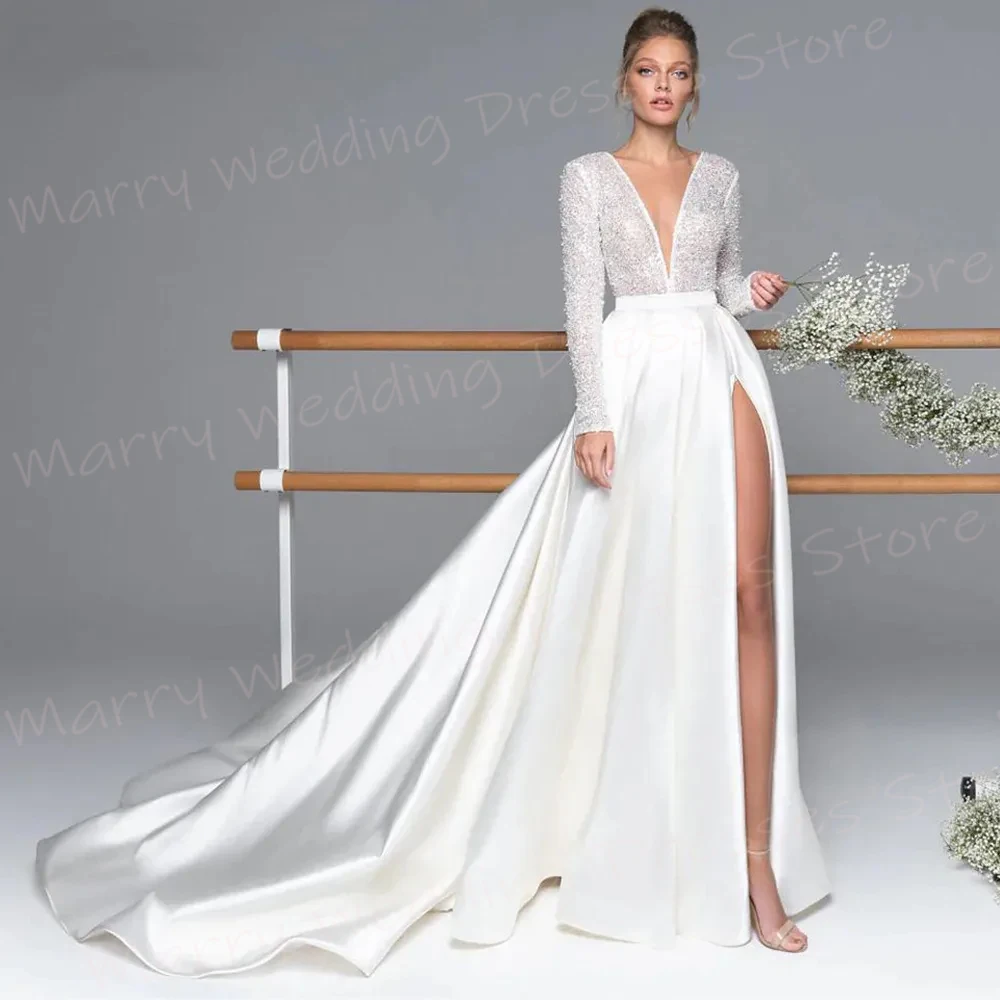 Fascinating Deep V Neck A Line Women's Wedding Dresses Simple Long Sleeve Bride Gowns Modern Sexy Side High Split Abiti Da Sposa 1