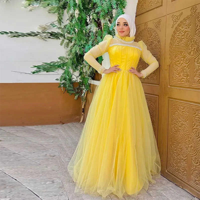 Yellow Muslim Prom Dresses with Pearls Illusion Long Sleeve Formal Gown Puffy Kaftan Vestidos De Fiesta 1