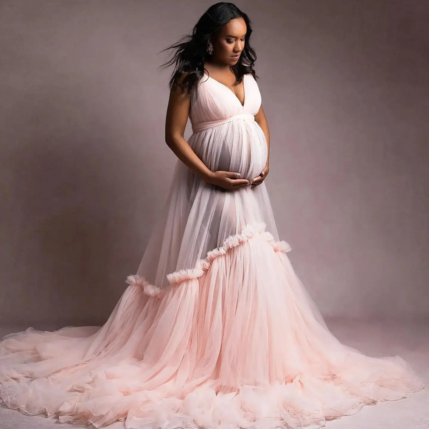 V Neck Prom Dresses Women Transparent Tulle Baby Shower Gowns Sleeveless Pregnancy Dress Photography Vestido de Novia 1